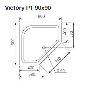 Душевой поддон 90х90 пятиугольный Novellini Victory P1 90*90 цвет Bianco VIP190-30, к трапеции, глубина 9 см