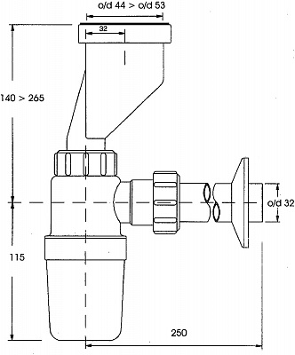 Сифон  бутылочный для писсуаров с воронкой 44-53мм со смещением,отводной трубой McAlpine HC2PO
