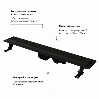 Душевой лоток Drain Leo-30-60 прямой 600 Золото браш Ø 50 мм на ножках, сифон 60213060-06