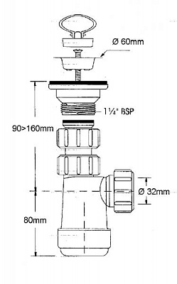 Сифон бутылочный 1 1/4 с интегрированным выпуском McALPINE MRW2 L