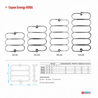 Полотенцесушитель электрический Energy Aura 1000х600 EETR0AURA1006000000