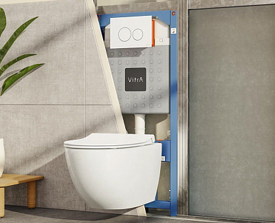 Комплект подвесной безободковый унитаз VitrA Sento Rim-Ex, система инсталляции VitrA V12, кнопка Sirius матовый хром, тонкое сиденье микролифт 9830B003-7207