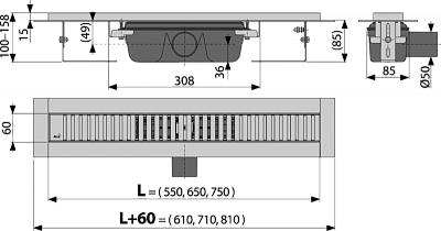 Водоотводящий желоб с перфорированной решеткой AlcaPlast APZ1SMART-LINE-650
