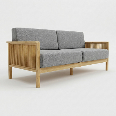Диван на каркасе из бамбука с подушками 1840 FN-059D-1 NATURE BAMBOO+GREY FABRIK (серый текстиль)