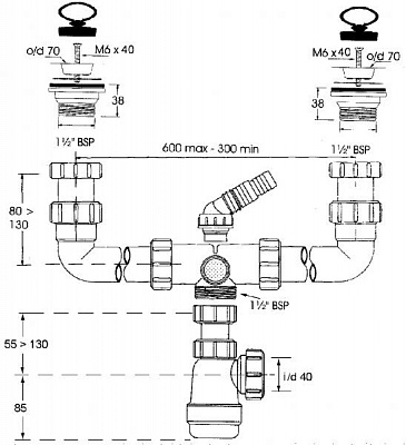 Сифон для двух раковин 1 1/2 McALPINE MRSK5-A с отводом