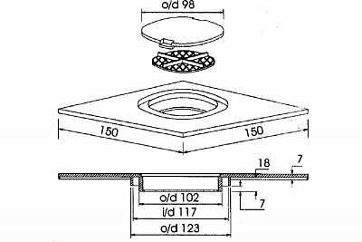 Сливная насадка McAlpine 150х150 мм, пластиковая со съемными декоративной заглушкой и решеткой MRFGC2