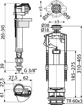 Выпускной комплект  AlcaPlast SA2000S 3/8 CHROM со стоп кнопкой 00022197