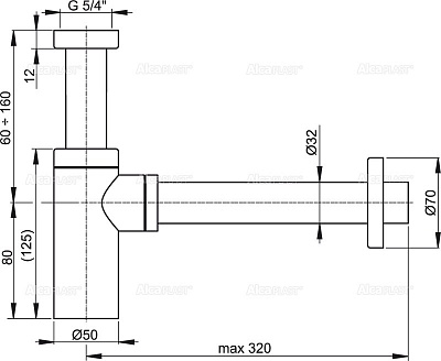 Сифон бутылочный для умывальника AlcaPlast A400  латунь, цвет хром