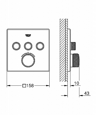 Термостат для ванны/душа Grohe Grohtherm SmartControl, комплект верхней монтажной части для Rapido SmartBox, квадратная  розетка, 3 кнопки управления