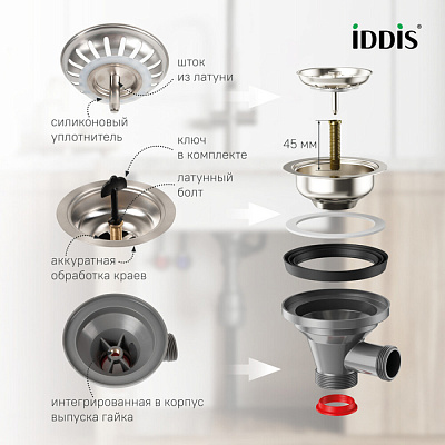 Сифон бутылочный для мойки Iddis Optima Home 3.1/2x40мм, с выпуском, гофротрубой и переливом 900CVG0P10VD