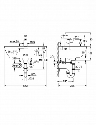 Набор для ванной: раковина 55, смеситель Start Edge и сифон, GROHE Bau Ceramic, (39471000)