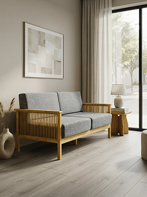 Диван на каркасе из бамбука с подушками 1840 FN-059D-1 NATURE BAMBOO+GREY FABRIK (серый текстиль)