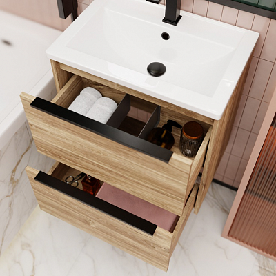 Тумба подвесная под раковину La Fenice Tesoro  60 см, дуб Канзас коричневый FNC-01-TES-DKK-60-2