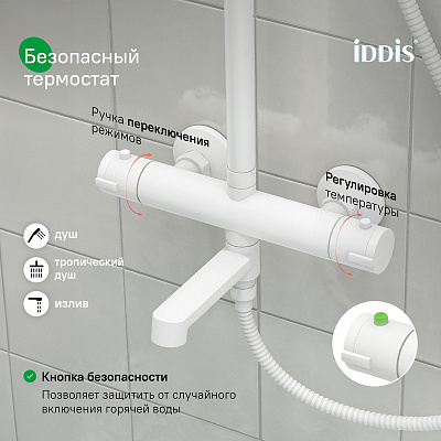 Душевая система с термостатом Iddis Одда (Odda) ODDWTTHi06 белый матовый, 5 режимов