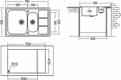 Мойка кухонная двойная Longran Lotus LTL 780.500.15 78x50x20, декор лайн