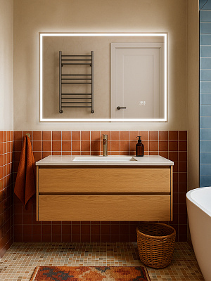 Зеркало в ванную 100х70 Аврора Monterey (подсветка, термообогрев, часы, сенсор на взмах)