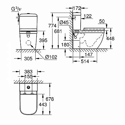 Унитаз напольный GROHE Euro Ceramic 39462000, без стульчака, витринный образец