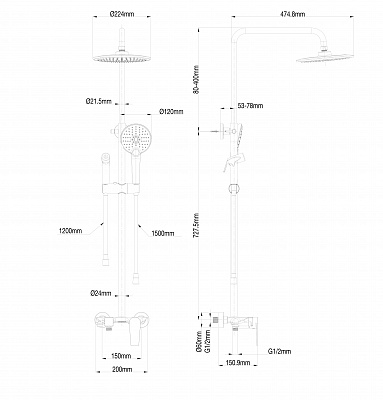 Душевая система с техническим душем Wonzon & Woghand, Белый матовый WW-A30874-MW