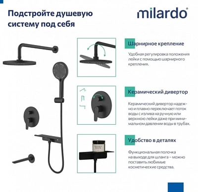 Душевая система с тропическим душем, ручным душем и изливом Dale Milardo DALBL03M68, черный матовый