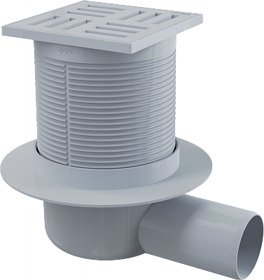 Сливной трап Alcaplast APV5111 105×105/50, подводка боковая, решетка серая, гидрозатвор мокрый