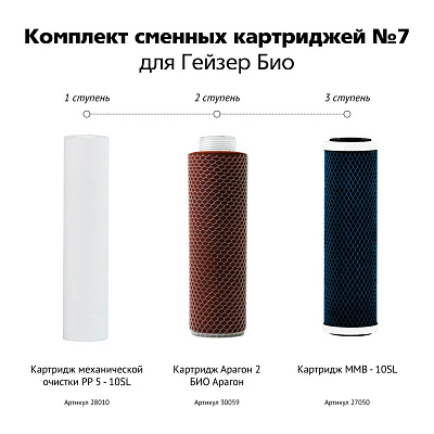 Комплект сменных катриджей №7 для БИО 321 и 322 для жесткой воды Гейзер 50035 (РР, Арагон Ж-БИО, ММВ, перех.муфта)