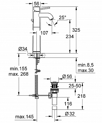 Смеситель для умывальника GROHE BAU CLASSIC 32868000 для свободностоящих раковин