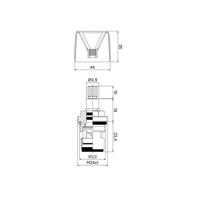 Кран-букса c маховиком в к-те, круглый, керамика, цинк. сплав, 180°, G1/2, h=52 мм, IDDIS, 998RN521SM-K