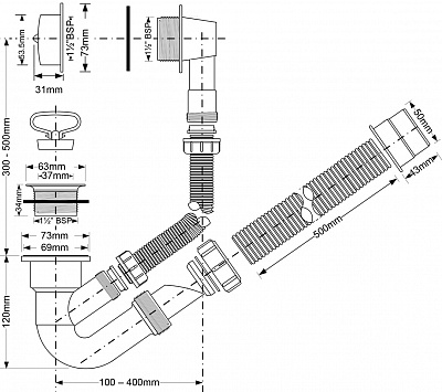 Сифон для ванны с переливом решётка хром McALPINE MRB4C 1 1/4