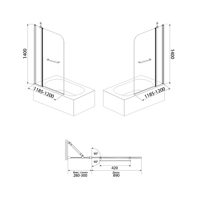Шторка на ванну стеклянная Iddis Ray RAY6CS2i90 118,5-120х140см