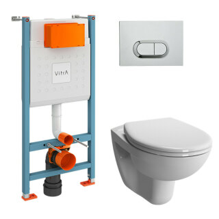 Инсталляция с унитазом VitrA S10 9842B003-7206 комплект 4 в 1 с сиденьем микролифт безободковый цвет клавиши глянцевый хром