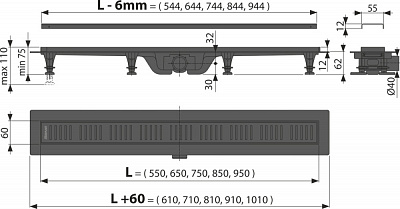 Водоотводящий желоб Alcaplast с порогами для перфорированной решетки, черный-мат APZ10BLACK-850M