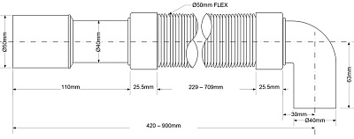 Труба гофрированная раздвижная под углом 90° (L430-1000мм, D50мм)  McAlpine MRMF2E90