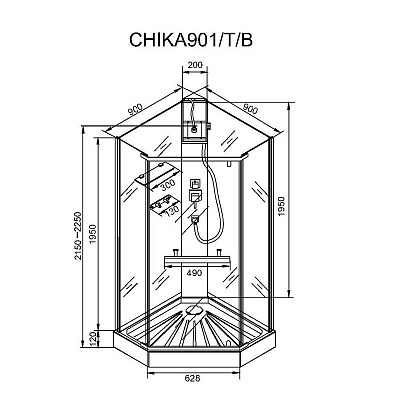 Душевая кабина 90х90 (CHIKA) Cerutti 901B, черный профиль трапеция