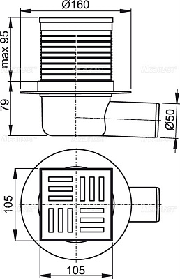 Сливной трап Alcaplast APV5111 105×105/50, подводка боковая, решетка серая, гидрозатвор мокрый