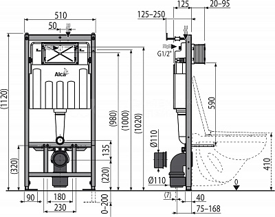 Инсталляция для подвесного унитаза с хром кнопкой AlcaPlast AM101/1120-3:1 M71-VE-01