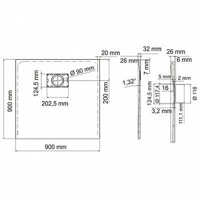 Душевой поддон 90х90 квадратный WasserKraft Elbe 74T03, стеклопластик