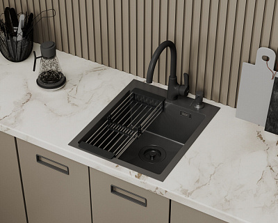 Кухонная мойка нержавеющая сталь графит D&K DKS415006, в комплекте с сифоном, корзиной, дозатором