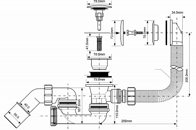 Сифон неразборный для ванн и поддонов с выпуском и переливом McALPINE MRB8CB