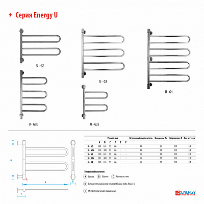 Полотенцесушитель электрический Energy U chrome G2K EETR0UG2K0000000000