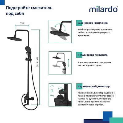 Смеситель для ванны с верхним душем Milardo Rora RORBL4FM06, черный матовый