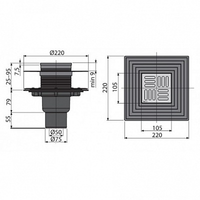 Сливной трап AlcaPlast APV4344 105 x 105/50/75