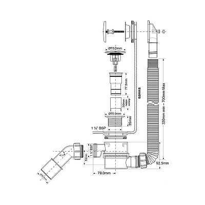 Сифон для ванны McALPINE MRB11-SN кнопка с раздв. переливом 1*1/2 сатин никель