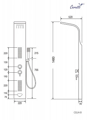 Душевая панель из нержавеющей стали CELIA BR, Cerutti CT10405, цвет матовая нержавеющая сталь, размер 1500мм