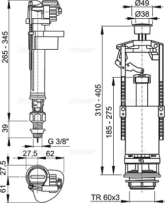 Выпускной комплект со стоп кнопкой, впускной механизм  А18 3/8 AlcaPlast SA2000SK-3/8CHROM