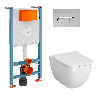 Инсталляция с унитазом VitrA Shift 9855B003-7206 комплект 4 в 1 с сиденьем микролифт безободковый Rim-ex цвет клавиши хром