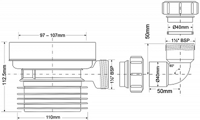 Труба туалетная MRWC1-D длинна 100мм с отводом компрессионным